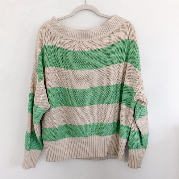 Free People Cream & Green Striped Oversized Cozy Knit Sweater - Picture 9 of 9